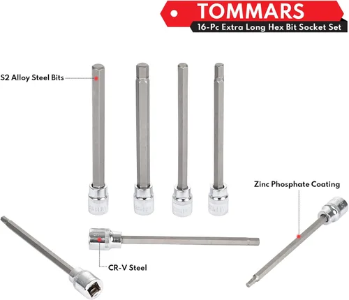 Vista 4 de TOMMARS 16-Pz Juego de llaves de vaso con punta hexagonal larga, juego de llaves Allen extra largas, CR-V y acero S2, SAE y métrico 1/8-3/8