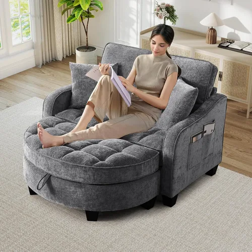 Vista 18 de JEEOHEY Chaise Lounge Chair para interiores, silla de sofá de chenilla de gran tamaño con otomana de almacenamiento y respaldo ajustable, sofá
