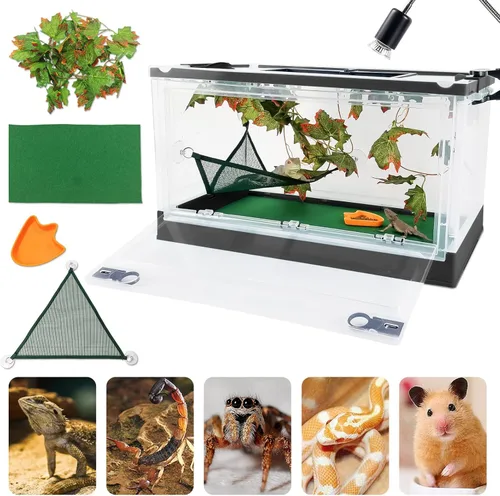 Vista 7 de RunDuck Kits de terrarios plegables para reptiles con planta, cuenco de alimentación, alfombra, fácil de transportar, fácil de mover con ruedas