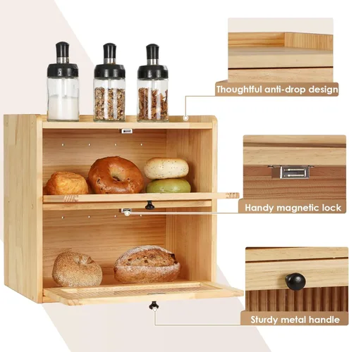 Vista 3 de Sunhoo Panera para Encimera de Cocina Contenedor de Almacenamiento de Pan de Madera Recipiente de 2 Niveles Porta Panera de Gran Capacidad