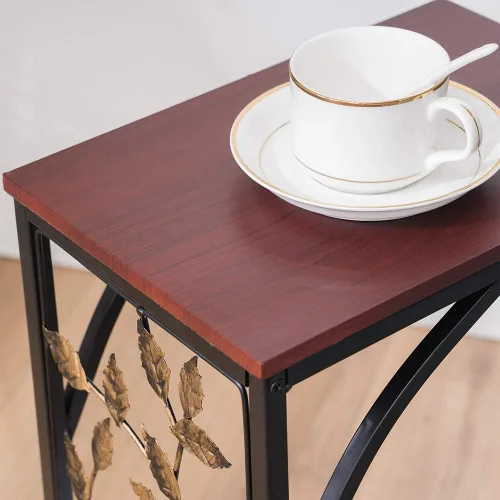 Vista 6 de Mesa auxiliar de anidación Mesas auxiliares apilables 54 * 30.5 * 21CM Tabla auxiliar de hierro con patrón de hojas Mesa de centro marrón