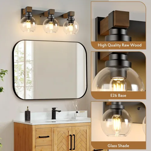 Vista 4 de Accesorios de iluminación de baño estilo granja, accesorios de luz de baño de madera de 3 luces sobre espejo, apliques rústicos de pared