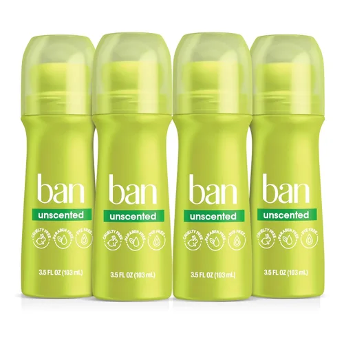 Desodorante antitranspirante roll-on sin perfume, original de Ban (3.50 onzas), paquete de de 4