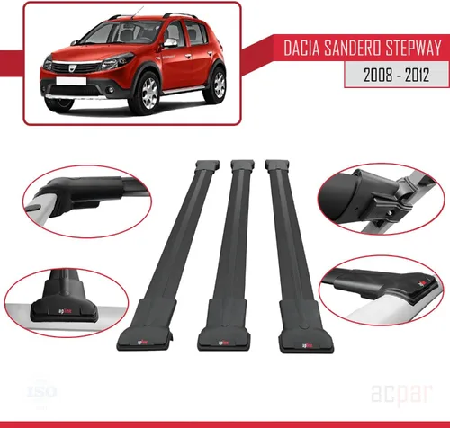 Vista 4 de Compatible con Dacia Sandero STEPWAY 2008-2012 Barra transversal modelo Fly Roof Rack Barra transversal 3 barras negro