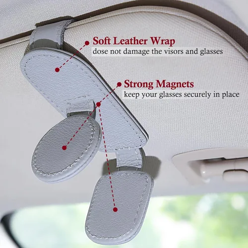 Vista 4 de KIWEN Soporte de lentes de sol para visera de automóvil, clip magnético de cuero para colgar lentes de sol para accesorios de visera de automóvil