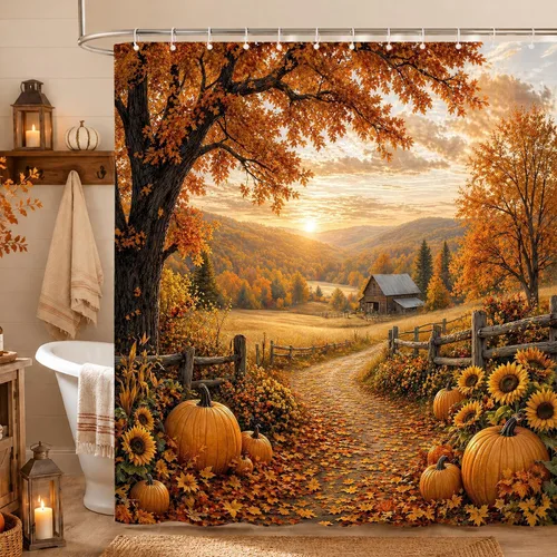 Cortina de ducha de calabaza otoñal, cortina de baño de granja de otoño, cosecha de Acción de Gracias, girasol, hojas de arce, camino campestre,