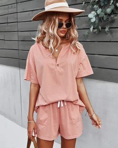 Vista 3 de CORSKI Conjunto deportivo de manga corta para mujer, 2 piezas, cuello en V, casual, ajuste holgado