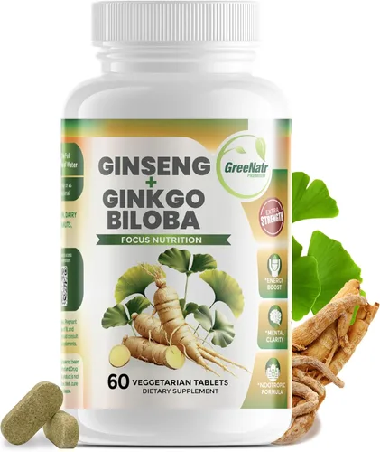 GreeNatr Suplemento de Ginkgo Biloba y Panax Ginseng – Suplemento cerebral de ginseng rojo para la memoria y la concentración – Suplementos de