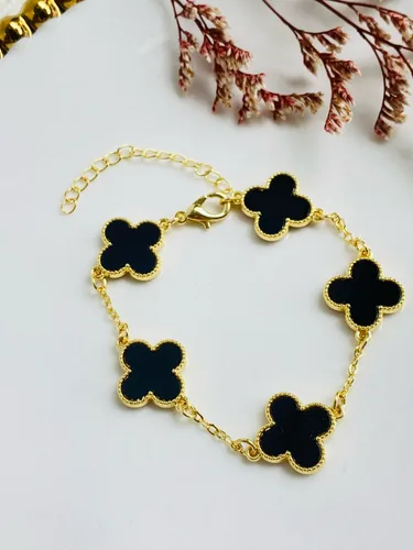 Vista 6 de PULSERA TREBOL VAN CLEEF RODINADA Y CAJA - COLOR: DORADO DIJE NEGRO