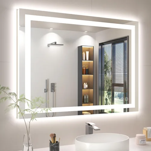 Vista 21 de Espejo de baño LED de 16 x 24 pulgadas con luces, antiniebla, retroiluminado + luz frontal, espejo de tocador de baño iluminado para pared, función