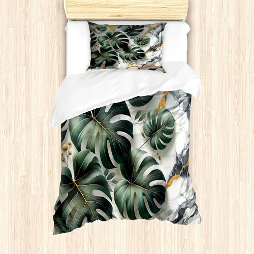 Vista 22 de Ambesonne Monstera - Juego de funda de edredón, estilo escandinavo bohemio, estampado triangular poligonal geométrico, juego de ropa de cama