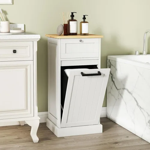 Vista 3 de Giantex Gabinete de cesta de lavandería inclinable, gabinete de almacenamiento de baño con cajón, cesta de lavandería extraíble, encimera de bambú