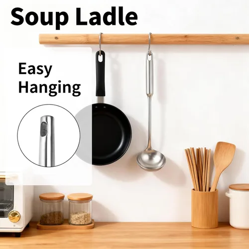 Vista 5 de TBWHL Cucharón de Sopa de Metal 34 cm de Acero Inoxidable 304 con Mango Largo - Cucharón de Cocina Profesional con Mango Ergonómico y Equilibrio