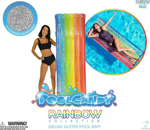 Vista 7 de Balsa inflable de lujo de gran tamaño con purpurina arcoíris – Tu mejor balsa de piscina de verano y paseo inflable para la playa, la piscina