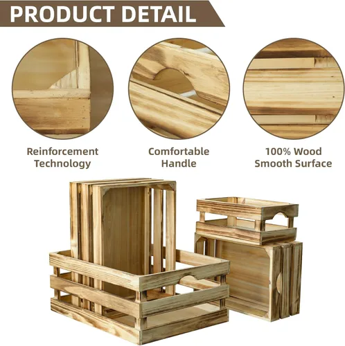 Vista 3 de Cajas de almacenamiento grandes de madera antorchada, juego de 4 cajas de madera anidables para exhibición, rústicas, cajas de almacenamiento