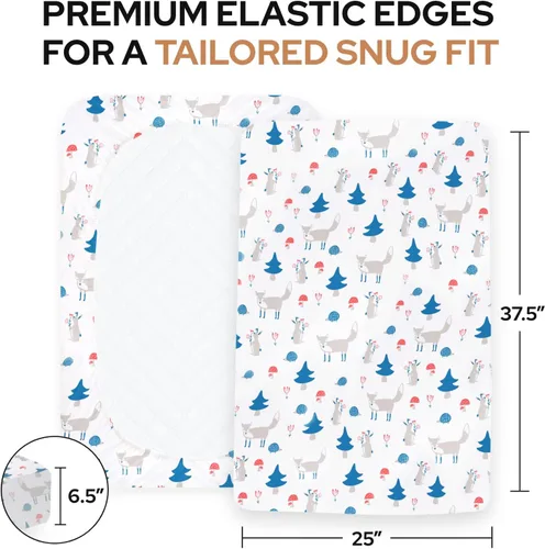 Vista 4 de Sábana para cuna pequeña con patrón de zorro y cheurón, sábana bajera ajustable 100% algodón orgánico Pack n Play, sábanas de primera calidad