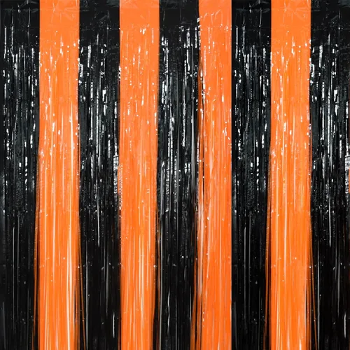 TONIFUL 2 serpentinas de puerta negras y naranjas, telón de fondo metálico para cabina de fotos, cortinas de flecos de aluminio para cumpleaños