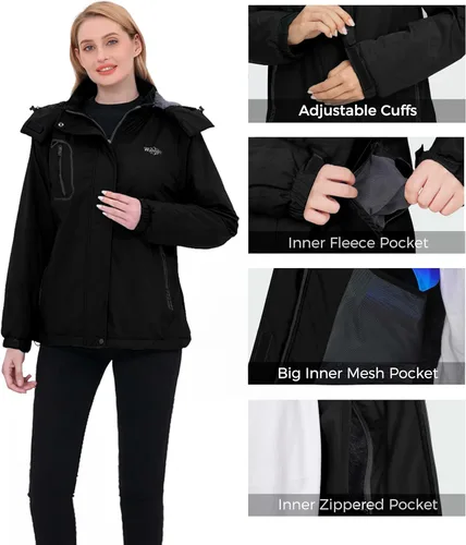 Vista 5 de wantdo Chaqueta de esquí impermeable de montaña para mujer, chaqueta de lluvia resistente al viento, abrigo cálido con capucha para invierno