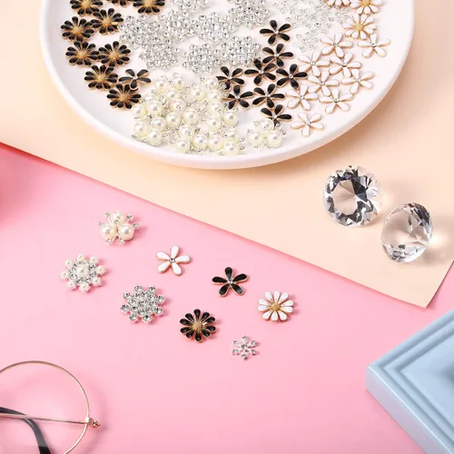 Vista 6 de 80 botones de diamantes de imitación, botones de perlas sintéticas, parte trasera plana, botones de diamantes de imitación para hacer joyas