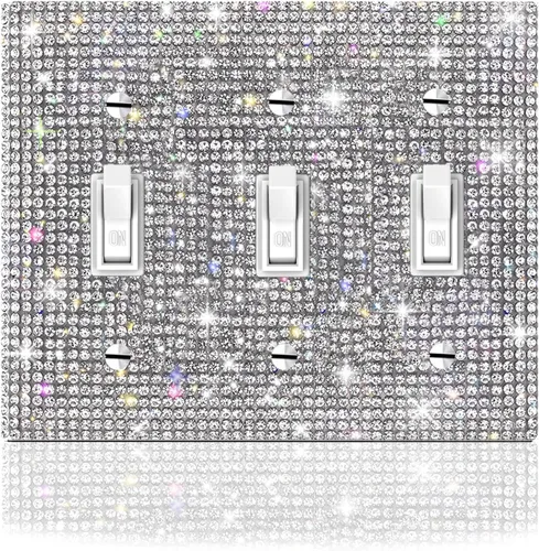 Vista 23 de Cubierta decorativa para interruptor de diamantes de imitación plateados brillantes, placa de pared de una sola banda