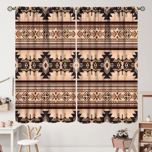 Vista 28 de Cortinas con patrón geométrico tribal, estilo suroeste, azteca, rústico, occidental, nativo americano, opacas, con bolsillo para barra, decoración