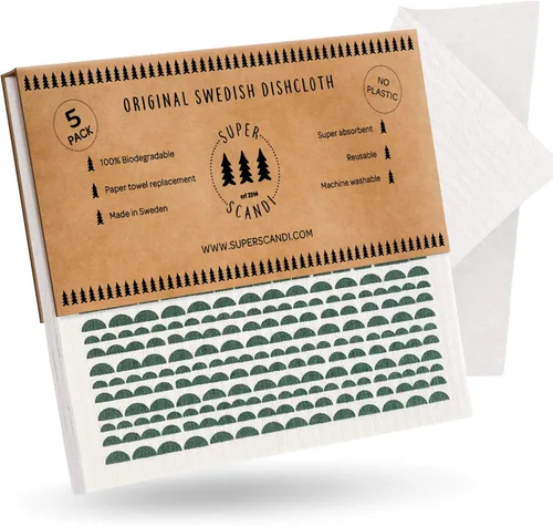 Vista 17 de SUPERSCANDI Paquete de 5 paños de cocina suecos para cocina, toallas de papel reutilizables 100% biodegradables y compostables, lavables, seguros