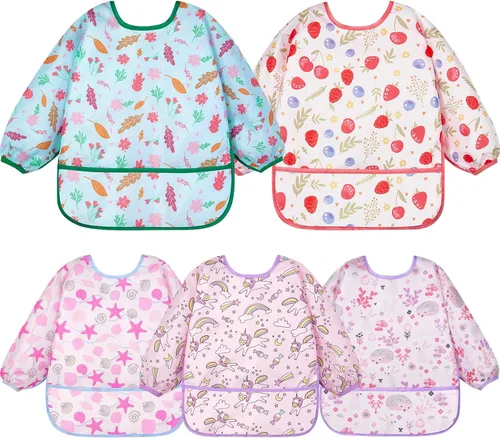 Vista 11 de Lictin Baberos de Manga Larga Paquete de 5 - Baberos para Bebé, Baberos Impermeables para Niños Pequeños, Delantal para Bebé para Comer, Baberos