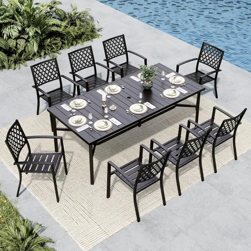 Vista 17 de MFSTUDIO Juego de mesa y sillas de patio, juego de muebles de patio para 8, 8 sillas de metal y 1 mesa de comedor cuadrada con agujero ajustable