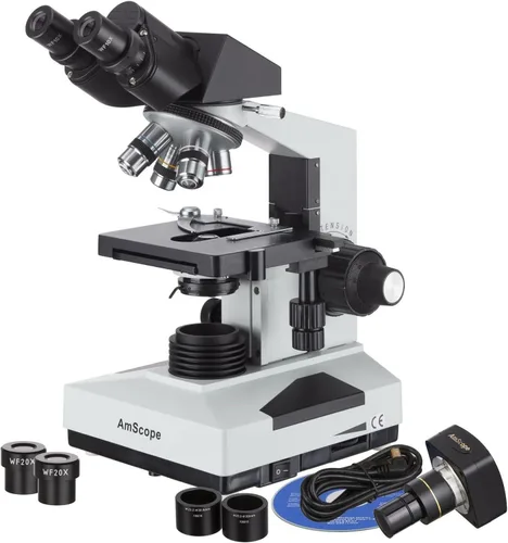 Vista 6 de AmScope B490B Microscopio binocular profesional compuesto, magnificado 40X-2000X lentes WF10x y WF25x, campo luminoso, iluminación halógena
