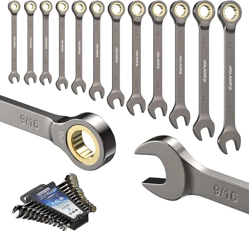 Juego de llaves de trinquete de 12 piezas (SAE), juego de llaves combinadas de trinquete de 72 dientes con estante organizador, acero Cr-V, 1/4-7/8