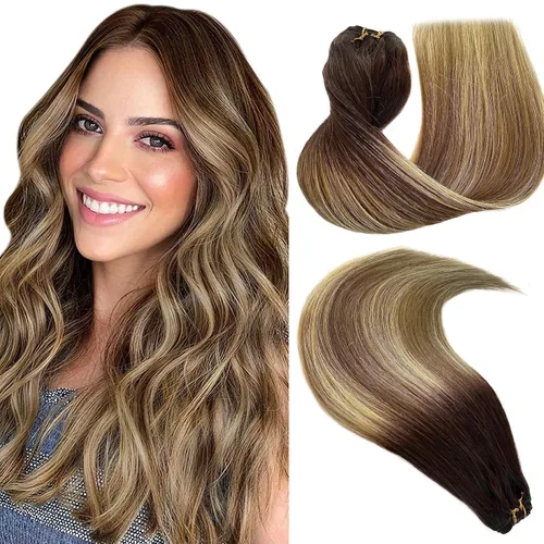 Vista 10 de Smartinnov Extensiones de cabello humano real con trama cosida, atadas a mano, color rubio ceniza a rubio con reflejos, extensiones cosidas