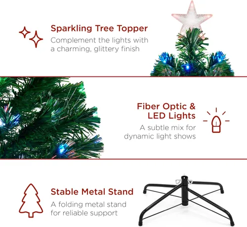 Vista 5 de Best Choice Products Árbol de Navidad artificial de 7 pies de fibra óptica preiluminado, pino, pieza central de decoración navideña con 280 luces