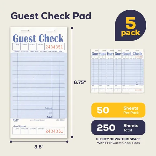 Vista 2 de FMP Brands Libros de Comprobantes de Huéspedes para Meseros, Papel de Blocs de Notas para Meseros, Total 250 Hojas (5 Blocs), Azul con Recibo
