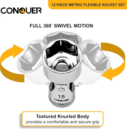 Vista 5 de CONQUER Juego de 12 llaves de vaso métricas flexibles de 1/4 pulgadas, 6 tomas de punto construidas con acero al cromo vanadio tratado térmicamente