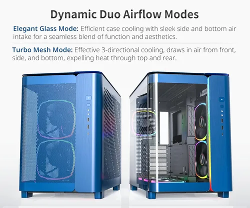 Vista 4 de Chasis para PC gamer Montech King 95 PRO de torre media ATX de doble cámara, alto flujo de aire, paneles sin herramientas, frente curva de vidrio