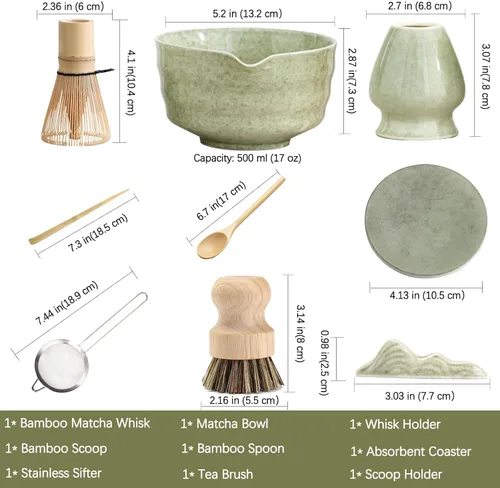Vista 5 de Ochcahser Set de Té Matcha Japonés, Tazón de Matcha con Pico y Base, Batidor de Matcha con Soporte, Colador, Cuchara, Cucharón, Cepillo de Limpieza