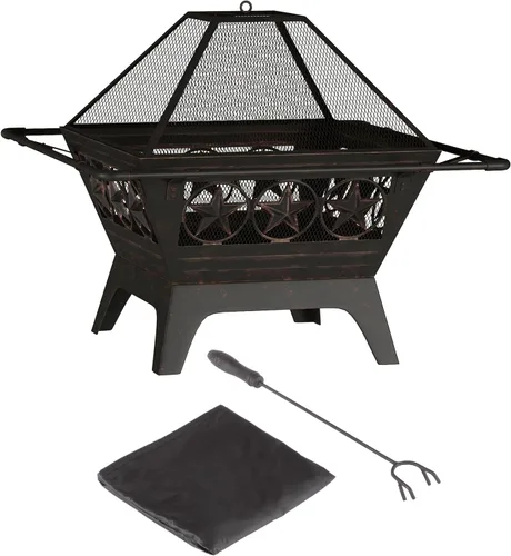Vista 7 de Chimenea para exterior de 32 pulgadas cuadrada con forma de estrella para quemar madera, con pantalla de chispas, atizador, rejilla y cubierta
