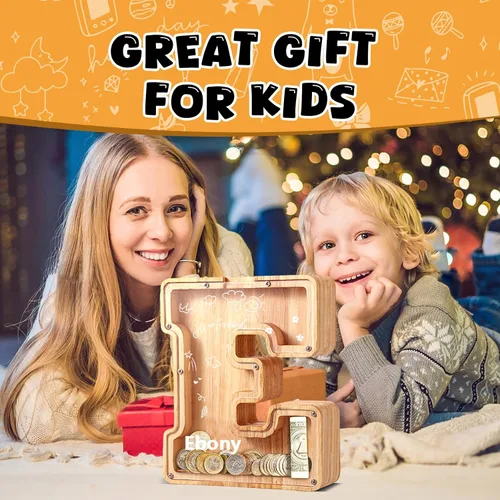 Vista 4 de UBeesize alcancías de letras para niños y niñas, alcancía de madera personalizada para billetes y monedas, caja de dinero, regalo de cumpleaños