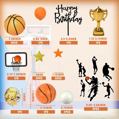 Vista 2 de 29 adornos de baloncesto para tartas de baloncesto con bolas doradas de estrella para cumpleaños de hombres