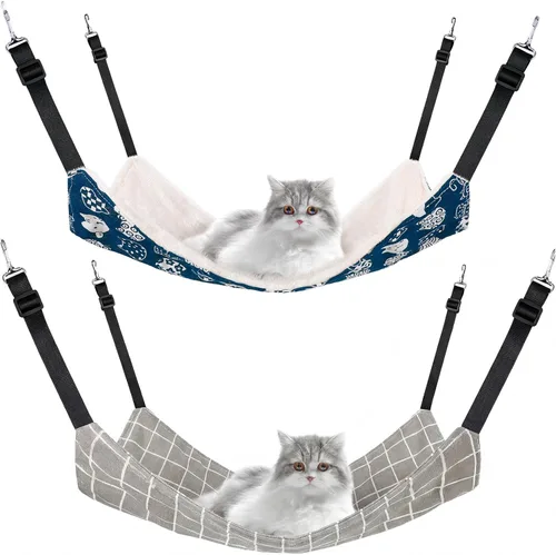 Jetec Hamaca colgante reversible de 2 piezas para gatos, hamaca suave y transpirable para jaula de mascotas con correas ajustables y ganchos de