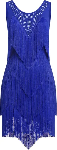 Vestido de Flecos en Capas con Pedrería para Baile de Salón Latino para Mujeres Vestidos Flapper con Borlas Escalonadas Disfraz de Baile Azul real