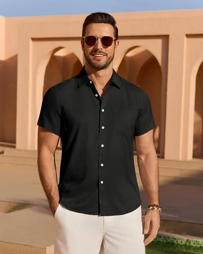 Vista 3 de Camisa de lino para hombre, de manga corta, sin arrugas, casual, sin pliegues, con botones, para playa, transpirable, para verano
