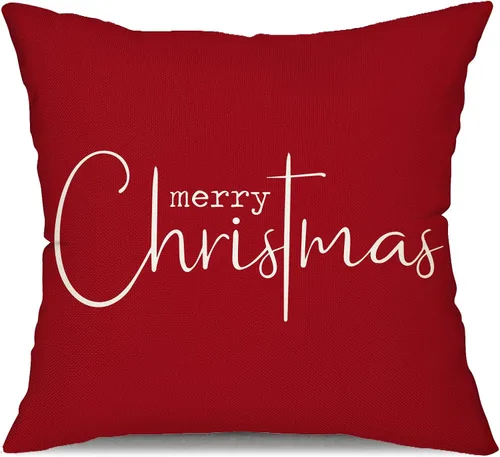 Vista 16 de Fundas de almohada navideñas con diseño de Feliz Navidad, decorativas, color rojo y negro, tela de algodón, lino, funda de almohada, funda de sofá