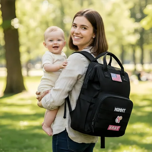 Vista 6 de Mochila para pañales para papá y mamá con puerto de carga USB, correas para cochecito y bolsillo aislado, mochila de viaje militar del ejército