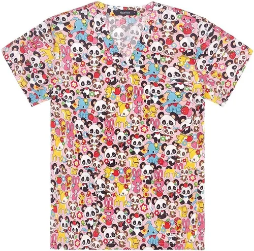 Vista 9 de Uniforme de enfermera de impresión de dibujos animados para mujer, manga corta, uniforme de trabajo de enfermería, uniforme, blusa de algodón 62064