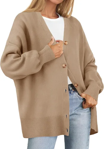 ZESICA - Cárdigan casual de manga larga para mujer, con cuello en V, botones, frente abierto, estilo holgado, suéter de punto y de gran tamaño