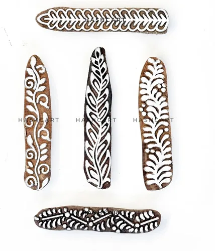 Vista 2 de HASHCART® Sellos de madera de tela, bloques de impresión de patrón de borde creativo, juego de 5, sellos de tinta, bloques de madera