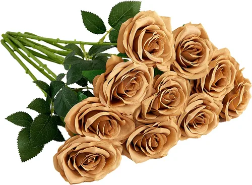 Vista 51 de 10 rosas artificiales abiertas, tallos de rosas artificiales para arreglos de boda, ramo de novia, centro de mesa, flores de seda sintética falsas