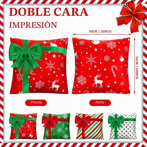 Vista 5 de Kingdder Fundas de almohada navideñas de 20 x 20 pulgadas, juego de 4 fundas de almohada de Navidad de granja, caja de regalo, decoración de lazo