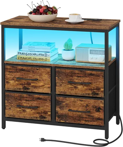 Vista 11 de TUTOTAK Mesa auxiliar con estación de carga, mesa auxiliar con 2 puertos USB y tomacorrientes, mesita de noche con cajón de tela, juego de 2, mesa